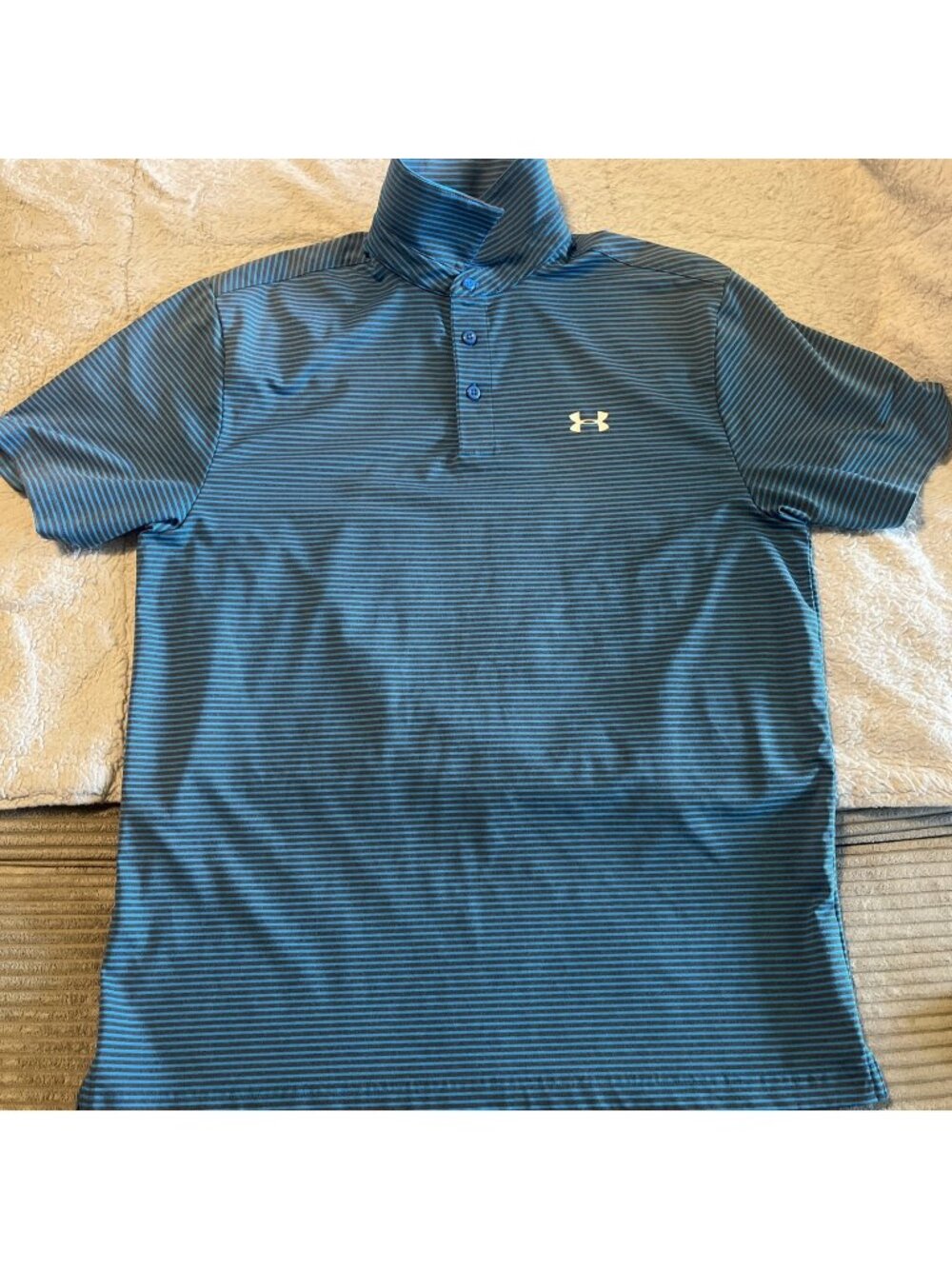 Under Armour HeatGear Golf Polo Shirt Blue Striped Loose Fit Mens Large